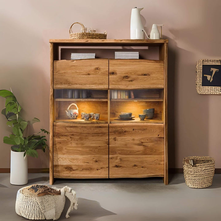 Decorated Acacia Edge Shelf 4 Doors in natural wood with shelves and built-in lighting.