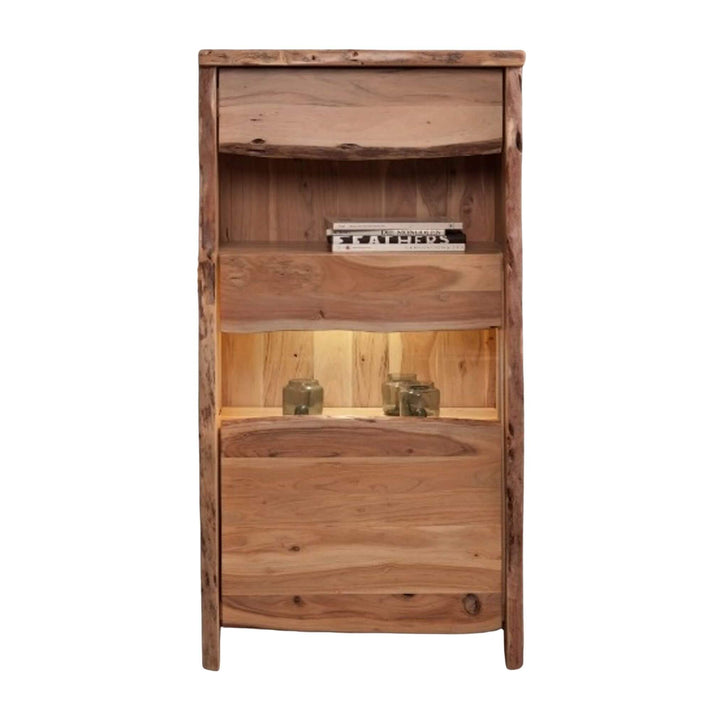 Compact Acacia Edge Shelf in solid natural wood with live-style edges and built-in lighting, 71x45x147 cm.
