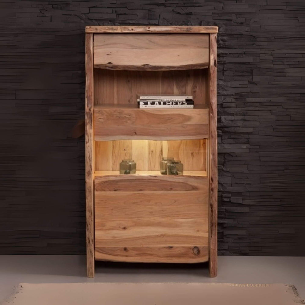 Decorated Acacia Edge Shelf in natural wood with integrated lighting for books and ornaments.