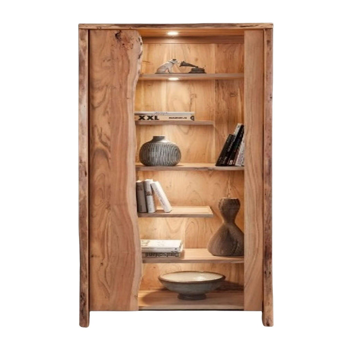 “Tall Acacia Edge Shelf in solid natural wood with live-style edges and built-in lighting, 81x45x204 cm.”