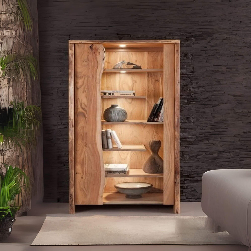 “Styled interior view of Acacia Edge Shelf with decorative objects and warm built-in lighting.”