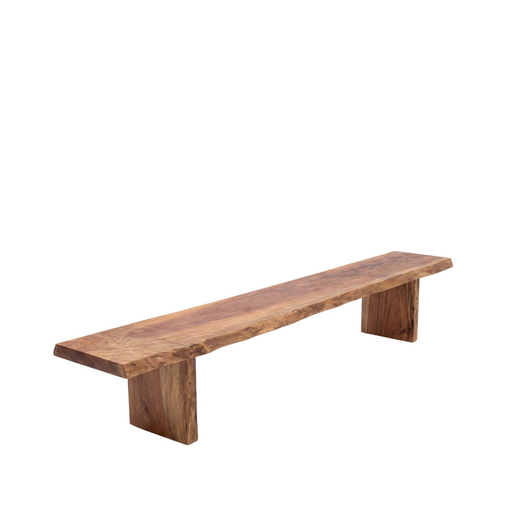 Front angled view of the Acacia Wood Bench with an extra-long solid wood seat and substantial panel legs