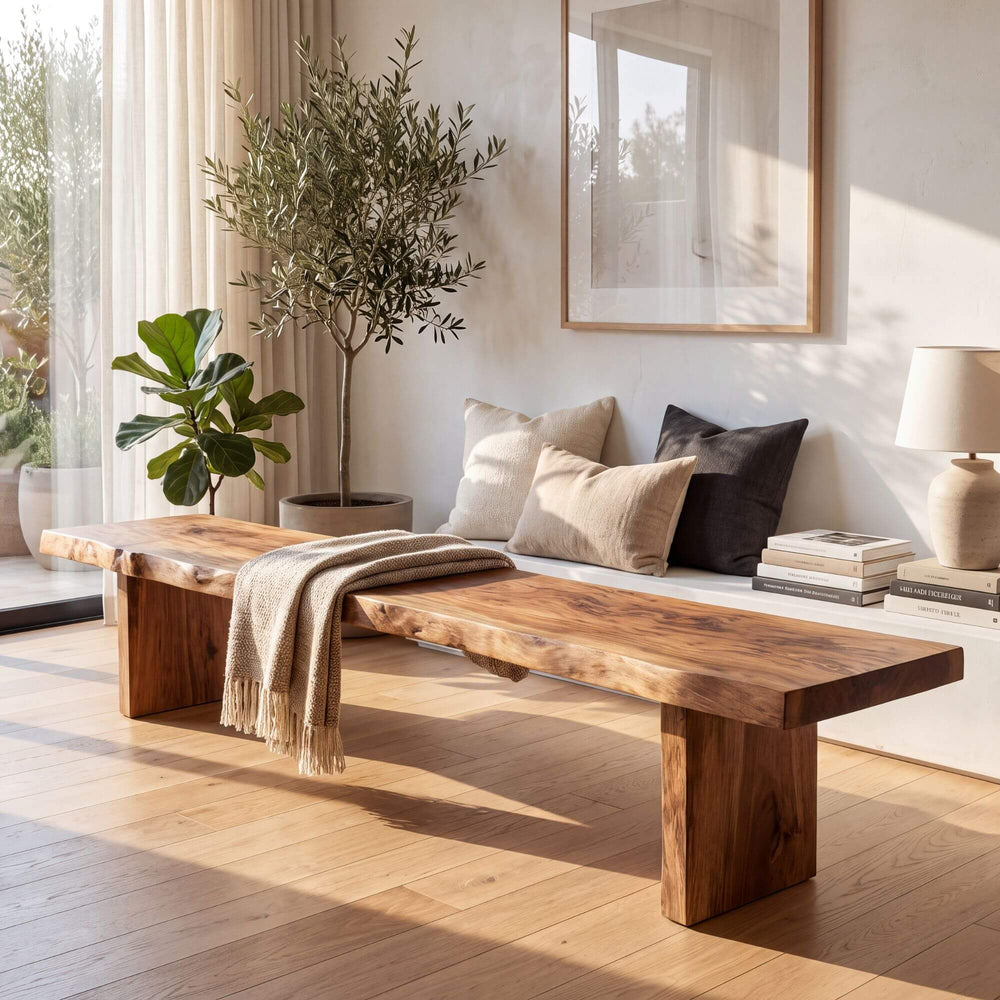 Acacia wood bench styled in a bright contemporary living space with warm natural textures
