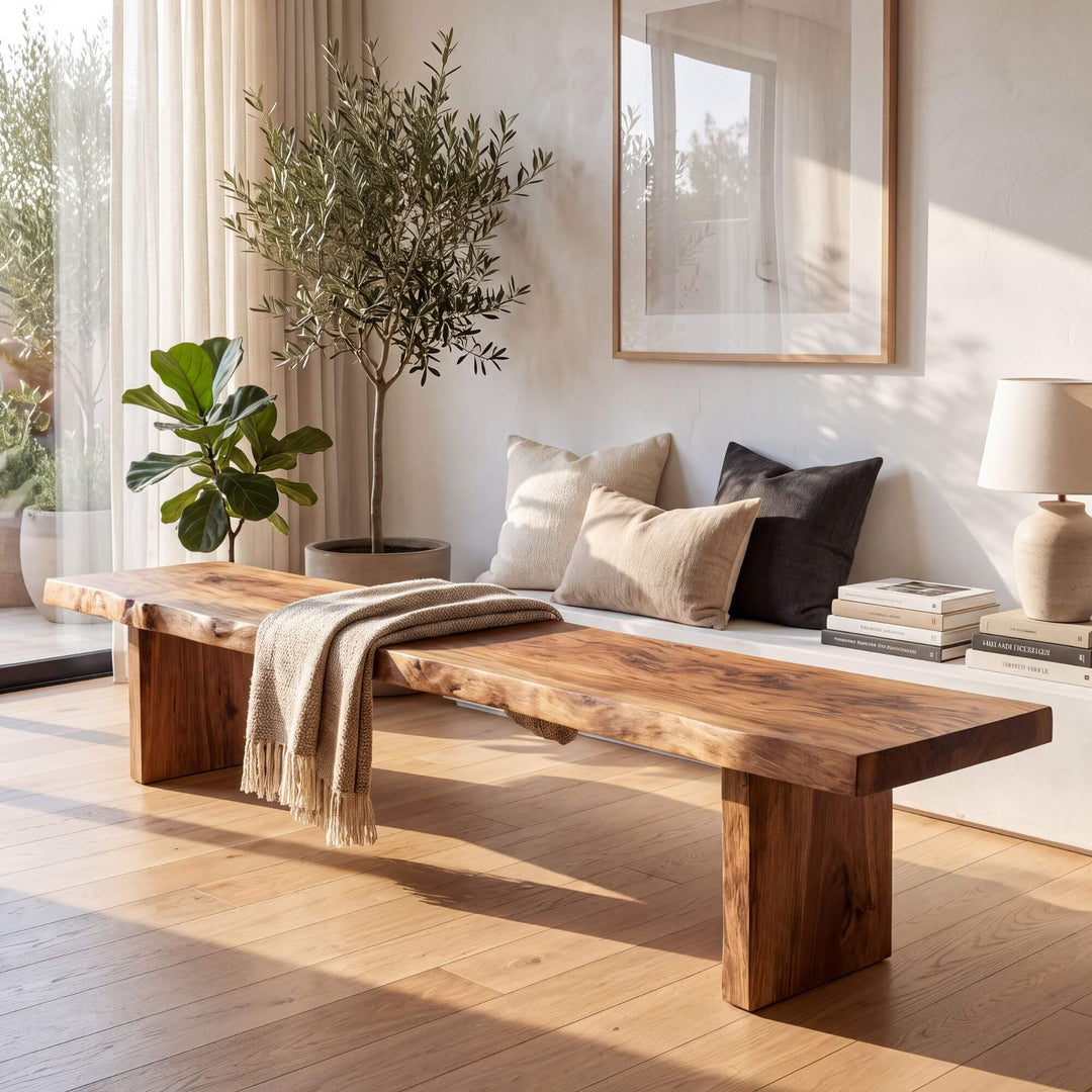 Acacia wood bench styled in a bright contemporary living space with warm natural textures