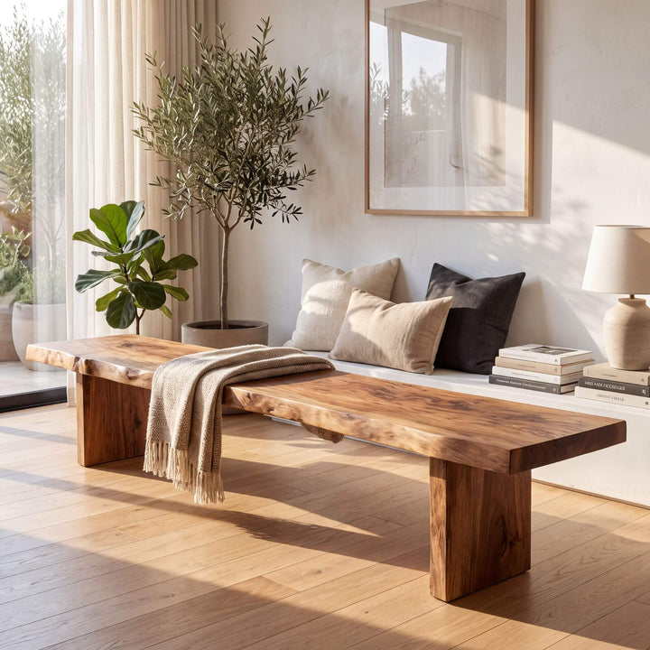 Acacia wood bench styled in a bright contemporary living space with warm natural textures