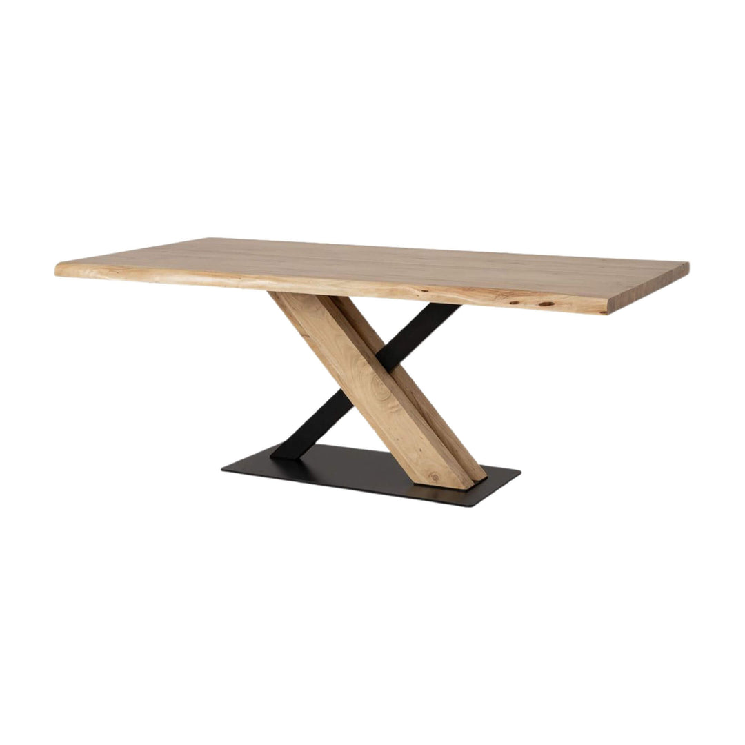 Acacia “X” Dining Table with natural wood top and black metal cross base.