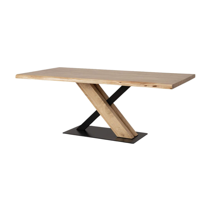 Acacia “X” Dining Table with natural wood top and black metal cross base.