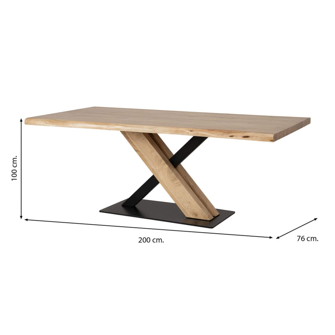 Close-up of the X-shaped metal base supporting the acacia tabletop.