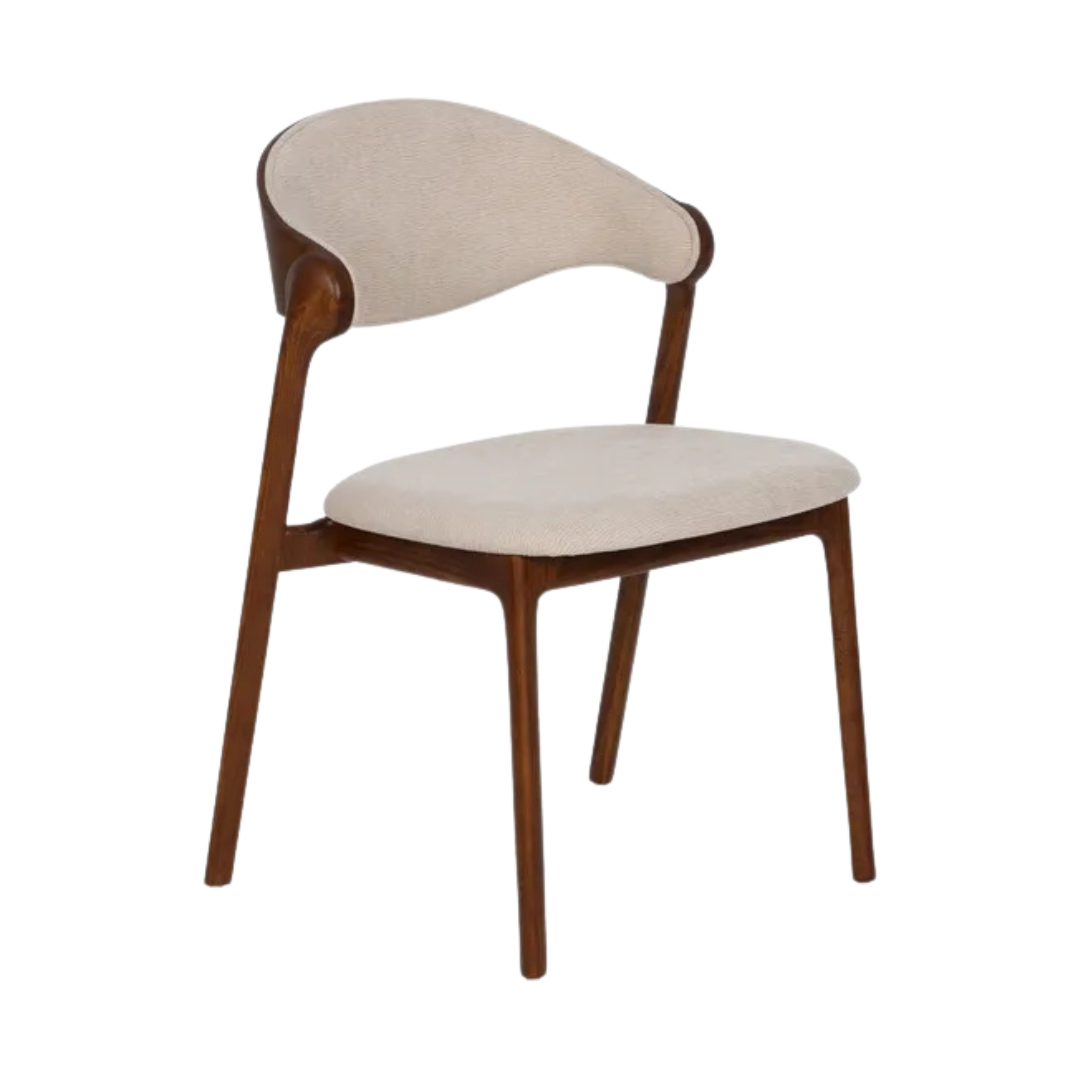 Acra dining chair in oak wood with beige fabric upholstery front view.