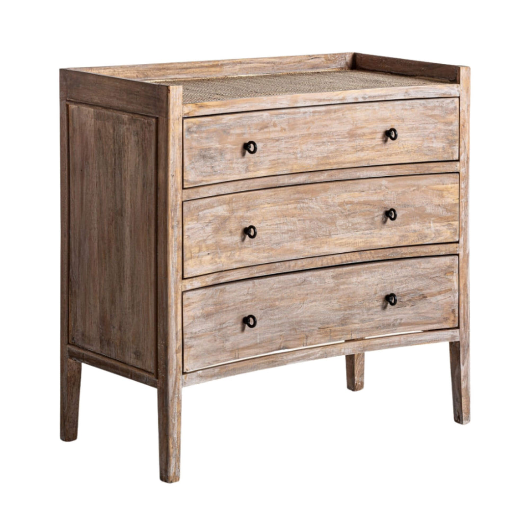 Side-angle view of the Adrastea Dresser, featuring its natural finish, rattan top, and elegant proportions.