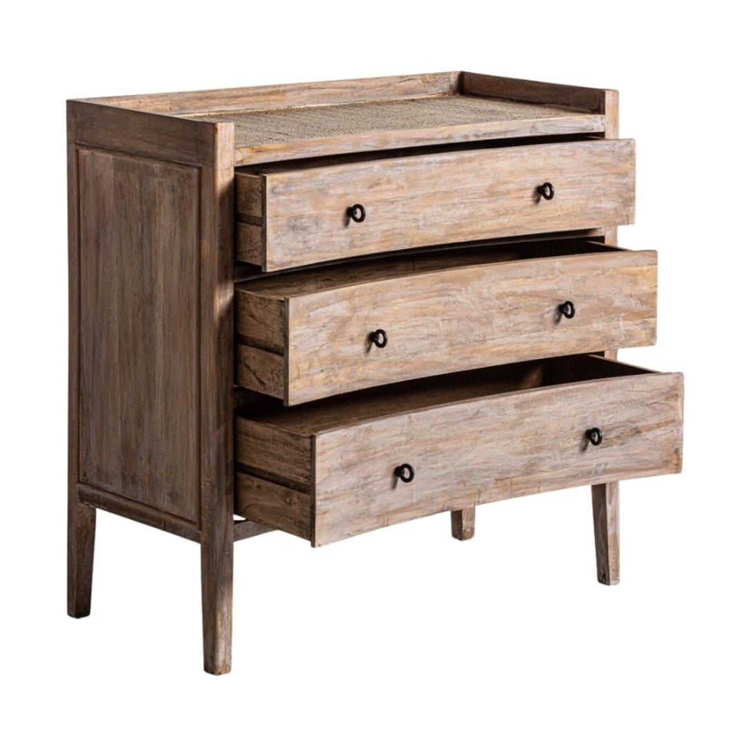 Three-quarter view of the Adrastea Dresser with drawers open, showing interior depth and craftsmanship in fir wood.