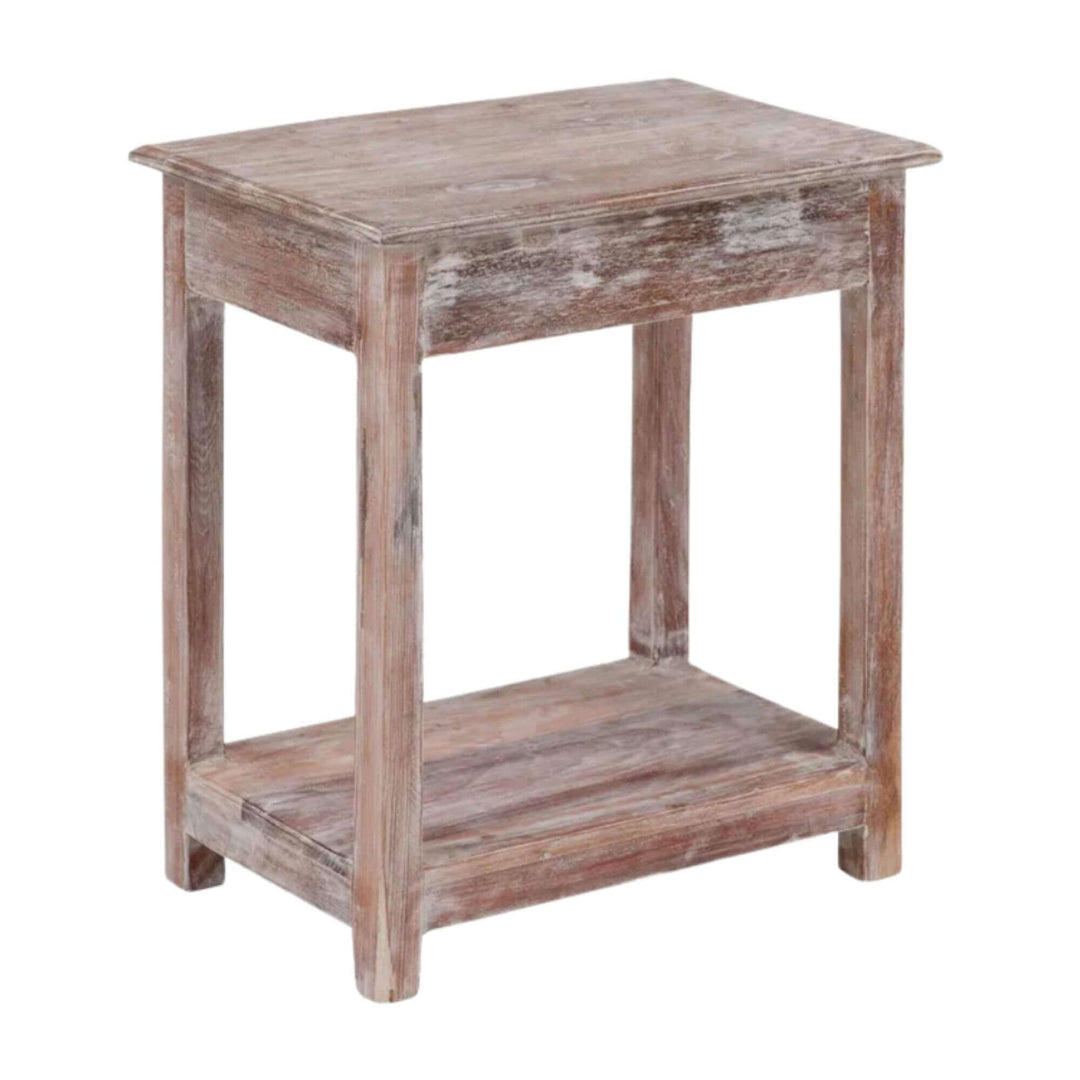 Side-angle view of the Adrastea Side Table White Wash, displaying its natural wooden tones and rustic character.