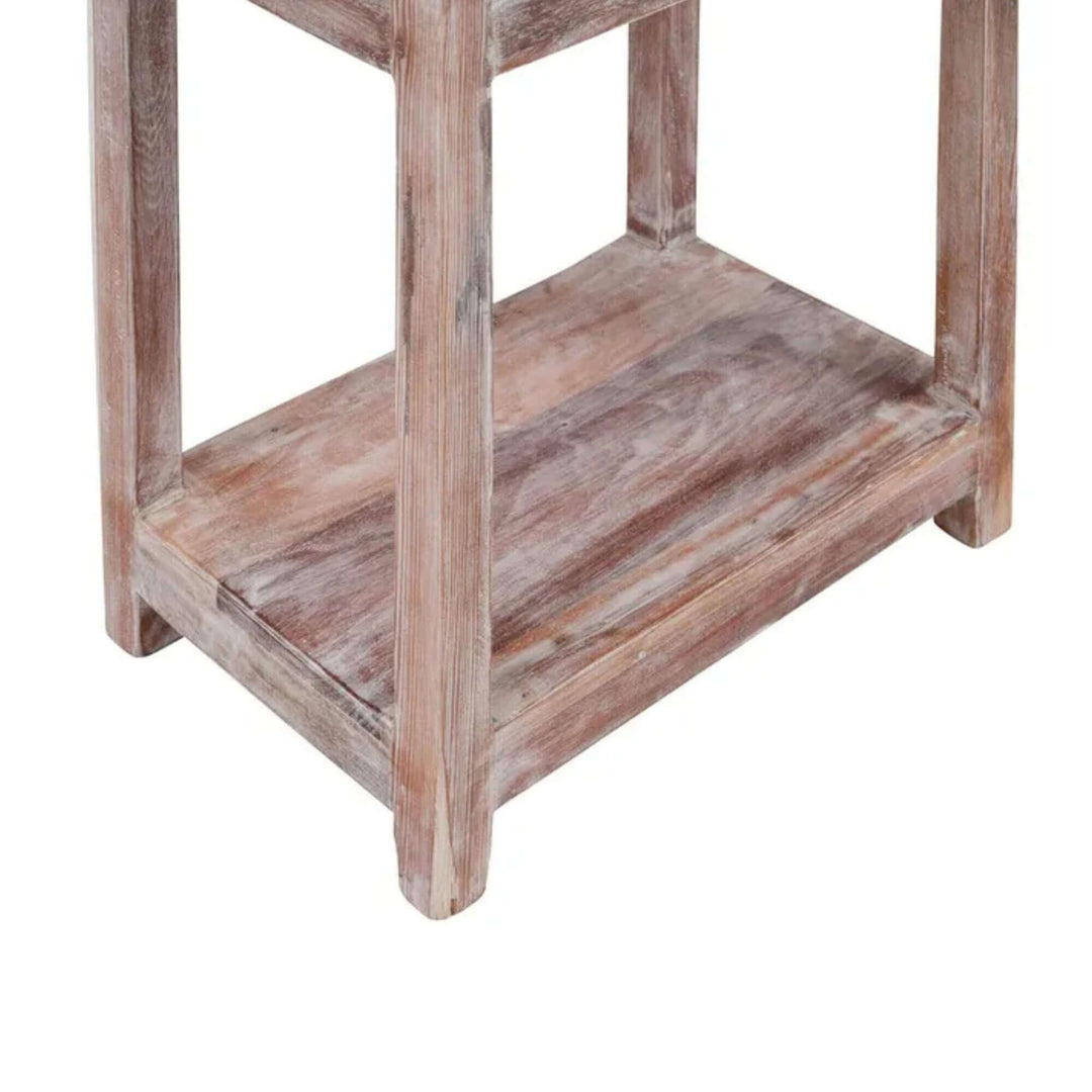 Lower section of the Adrastea Side Table with open shelf design in rustic whitewashed finish.