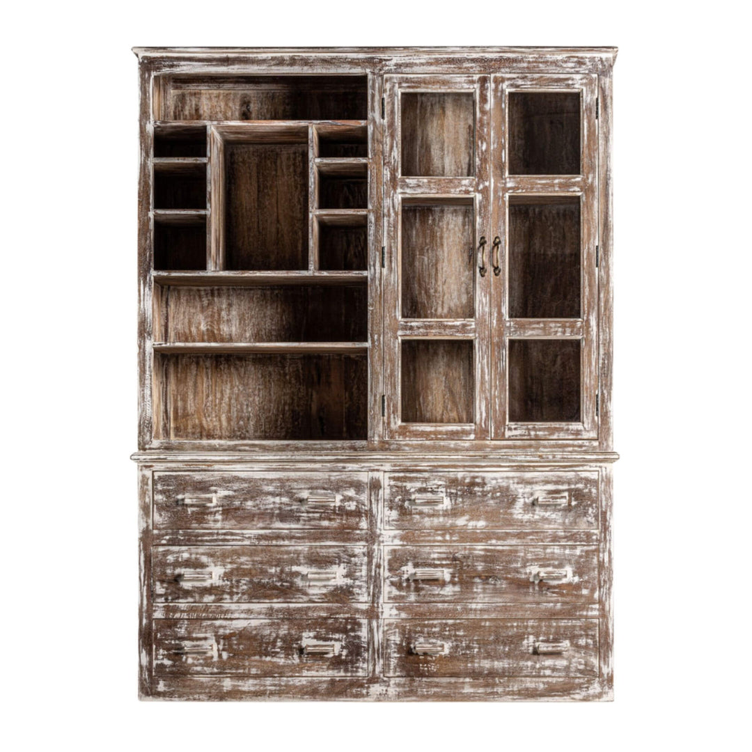 Frontal view of the full Adrastea wardrobe displaying all shelves, drawers, and glass doors.