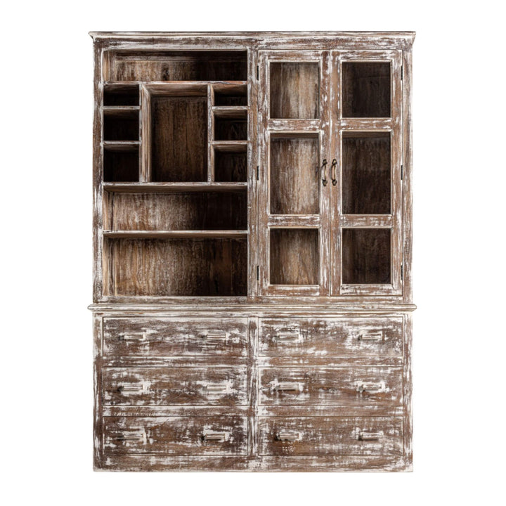 Frontal view of the full Adrastea wardrobe displaying all shelves, drawers, and glass doors.