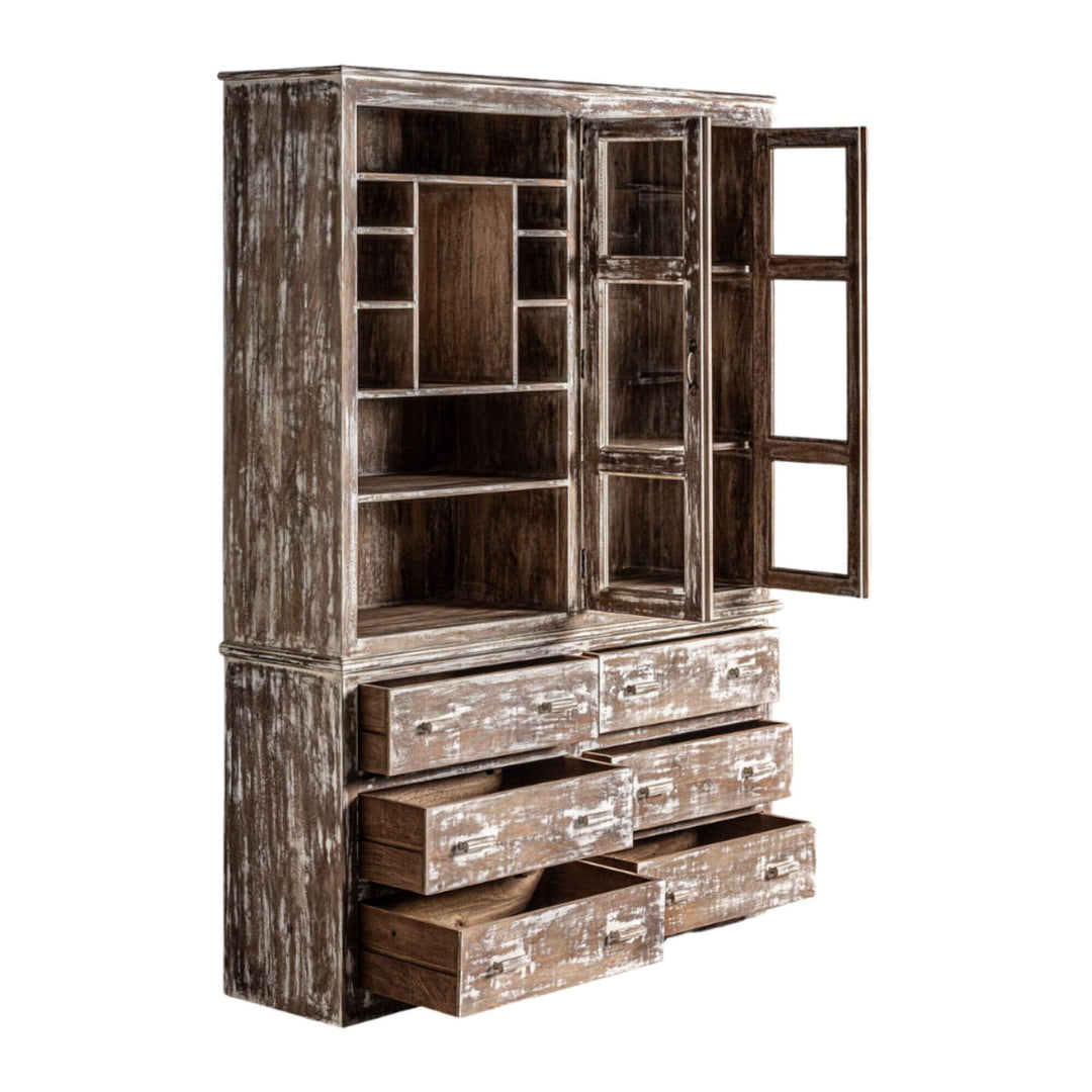 Angled view of the Adrastea wardrobe with open drawers and open glass doors showing interior shelving.