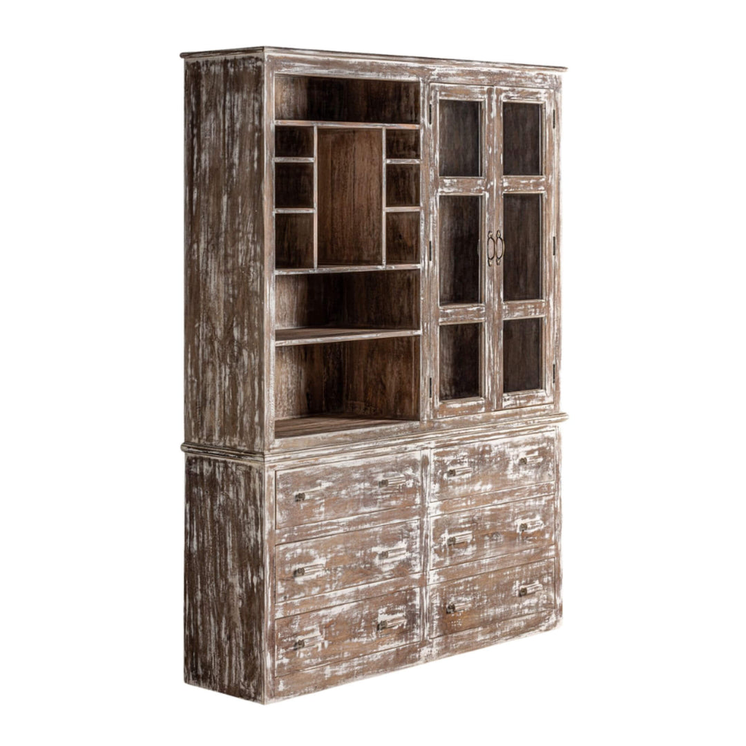 Angled view of the full Adrastea wardrobe showing upper glass display section and lower drawers.