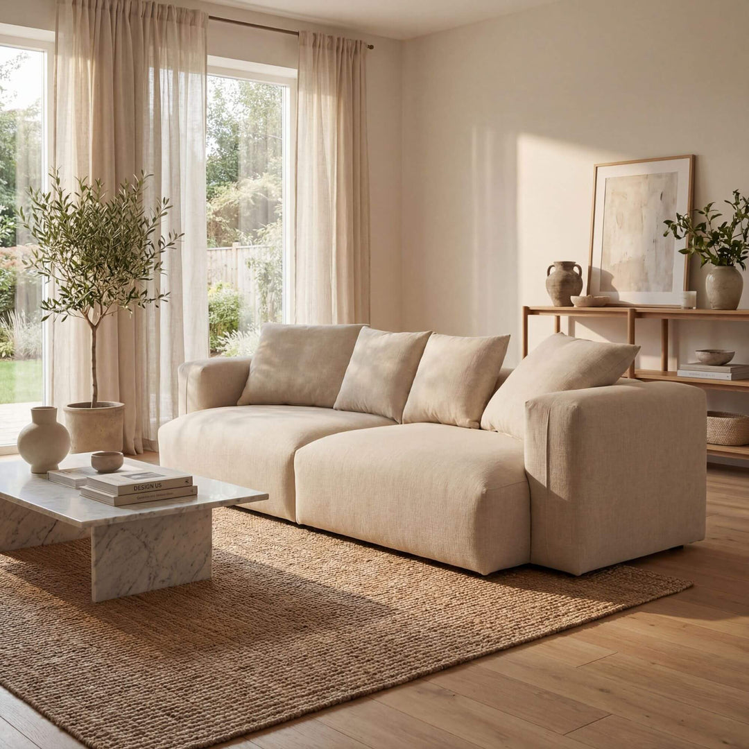 Styled living room setting featuring the Adri sofa with a natural rug and soft, sunlit decor.