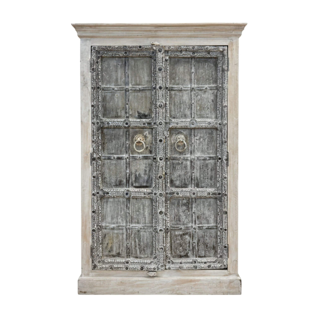 Front view of the Aeneas wardrobe crafted in distressed sheesham wood.