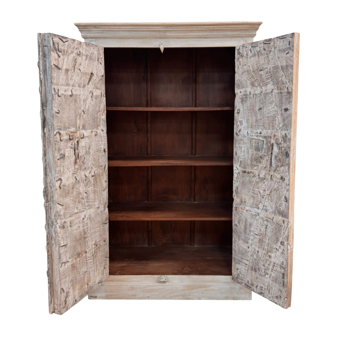 Interior view showing the Aeneas wardrobe open with internal wooden shelving.