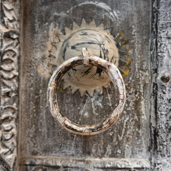 Detail of the antique metal ring handle and distressed texture.