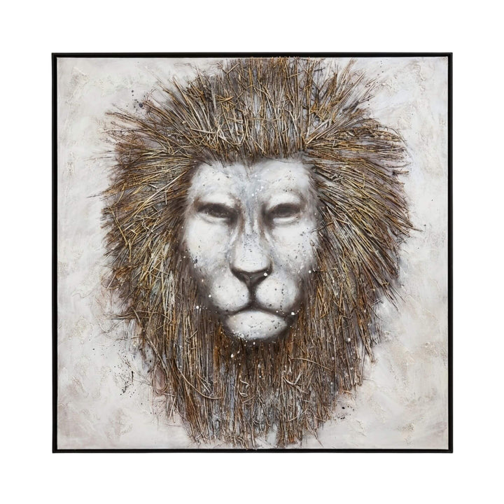 Front view of Africa painting showcasing the lion portrait with textured natural fiber details.