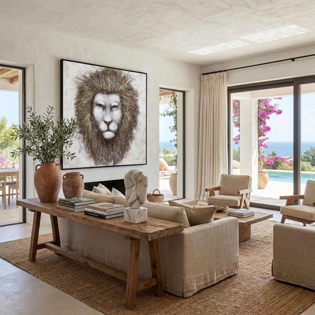 Styled living room interior featuring the Africa painting as a bold wall art focal point.