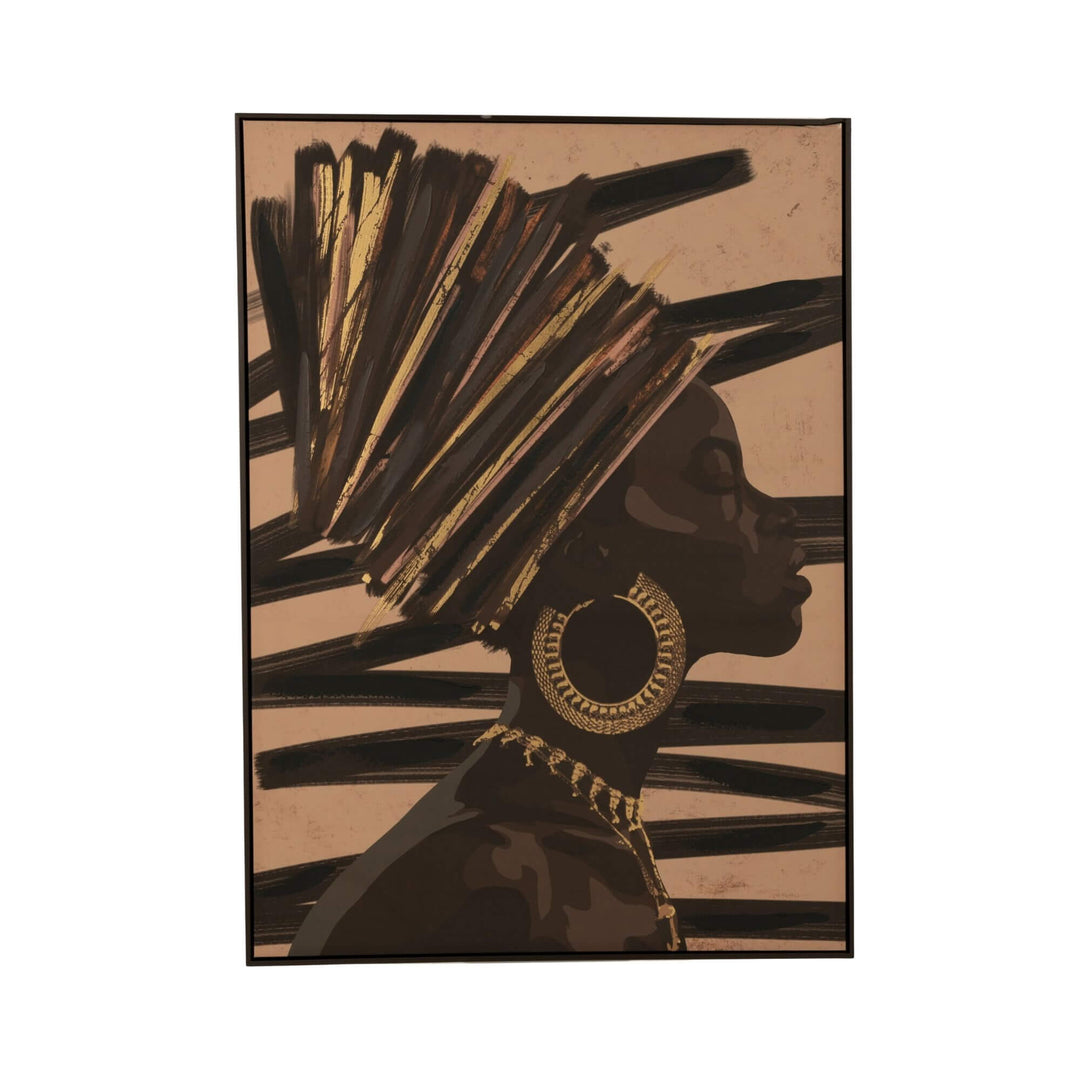Front view of the African Muse painting with a profile portrait in black, brown, beige, and gold tones