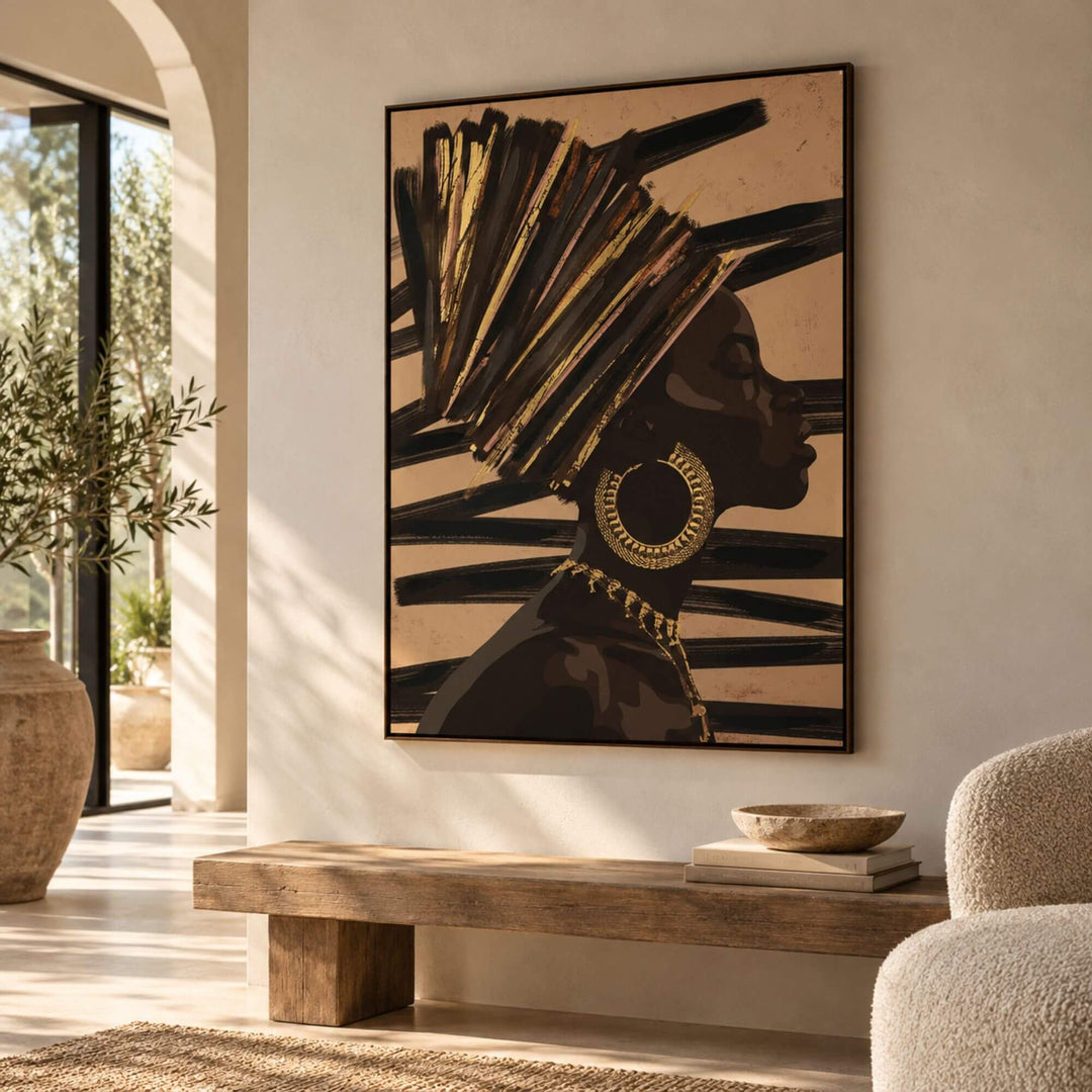 African Muse painting displayed above a wooden bench in a warm Mediterranean-inspired interior