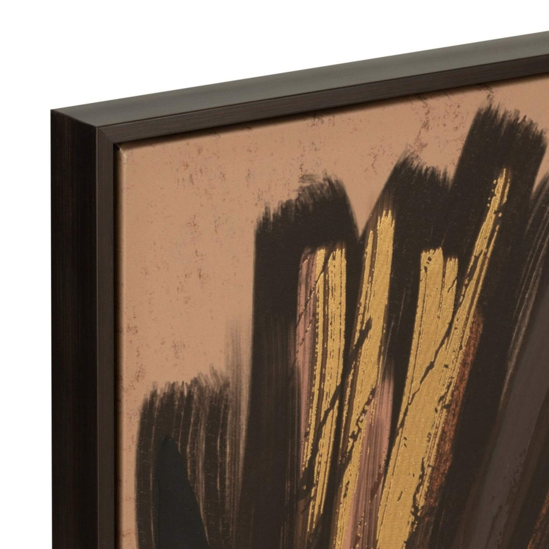Close-up of the African Muse artwork highlighting the expressive black brushstrokes, golden accents, and dark wooden frame