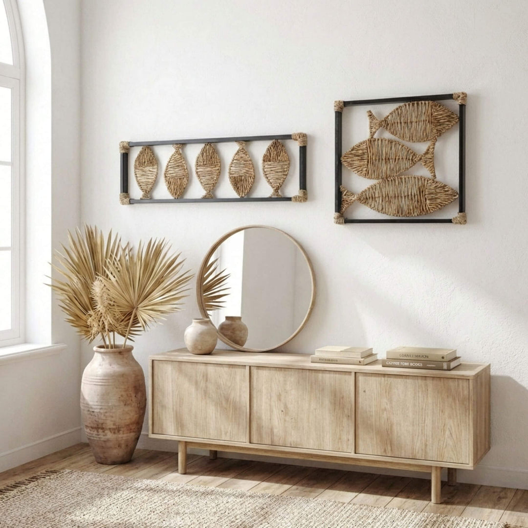 Wooden sideboard with decorative Agiba fish wall deco in a bright room