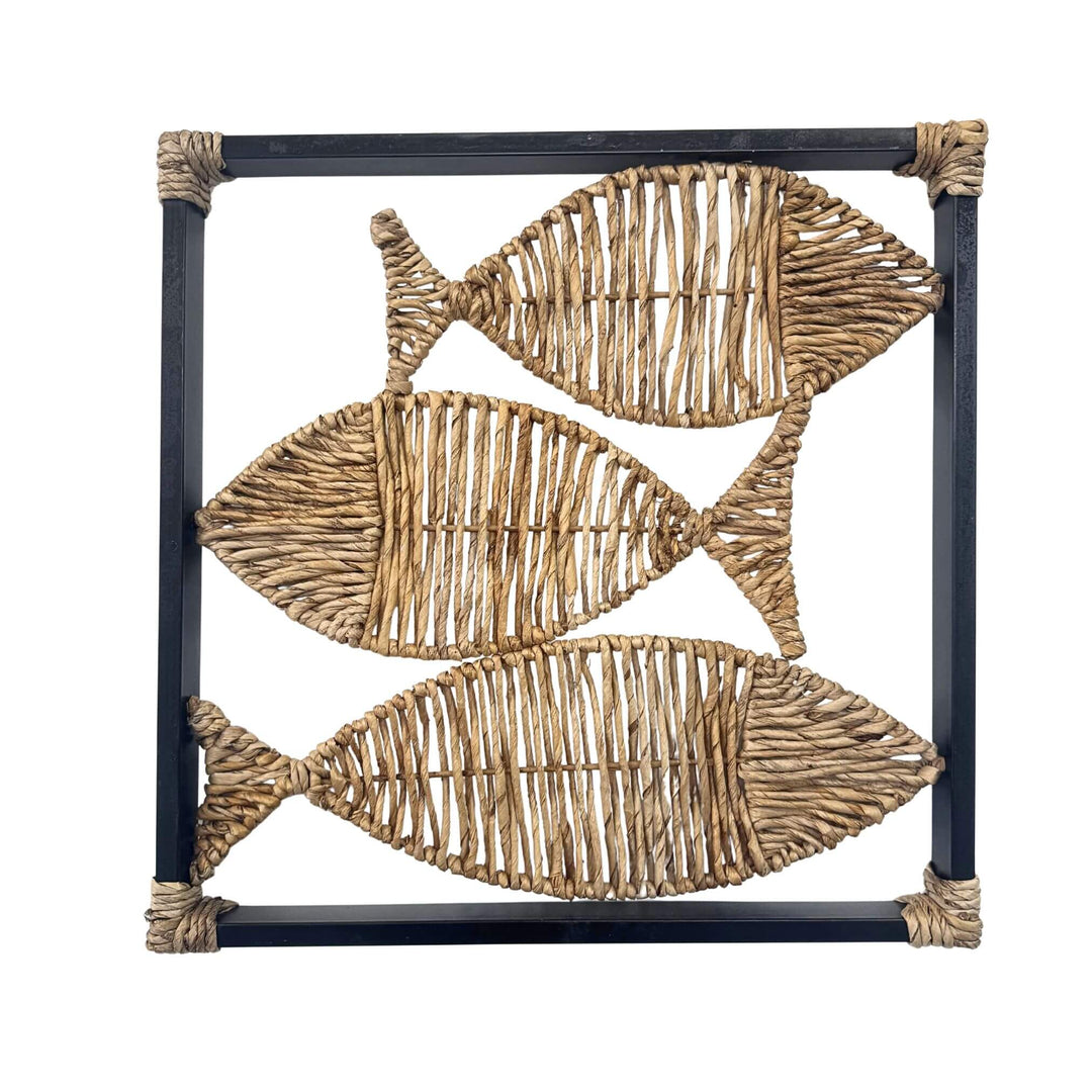 Agiba Fish Wall Deco 50x50cm with handwoven banana fiber fish design in black iron frame