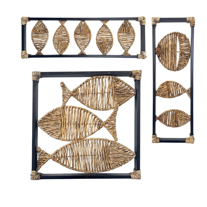 Agiba Fish and Hanagar Wall Deco with fish-shaped banana fiber weaving in black iron frame
