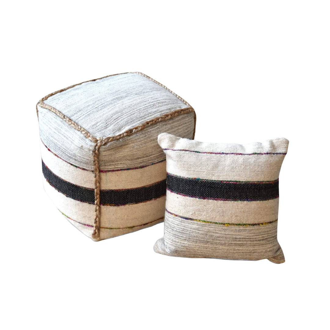 Artisanal square pouf with natural fibers and woven striped pattern