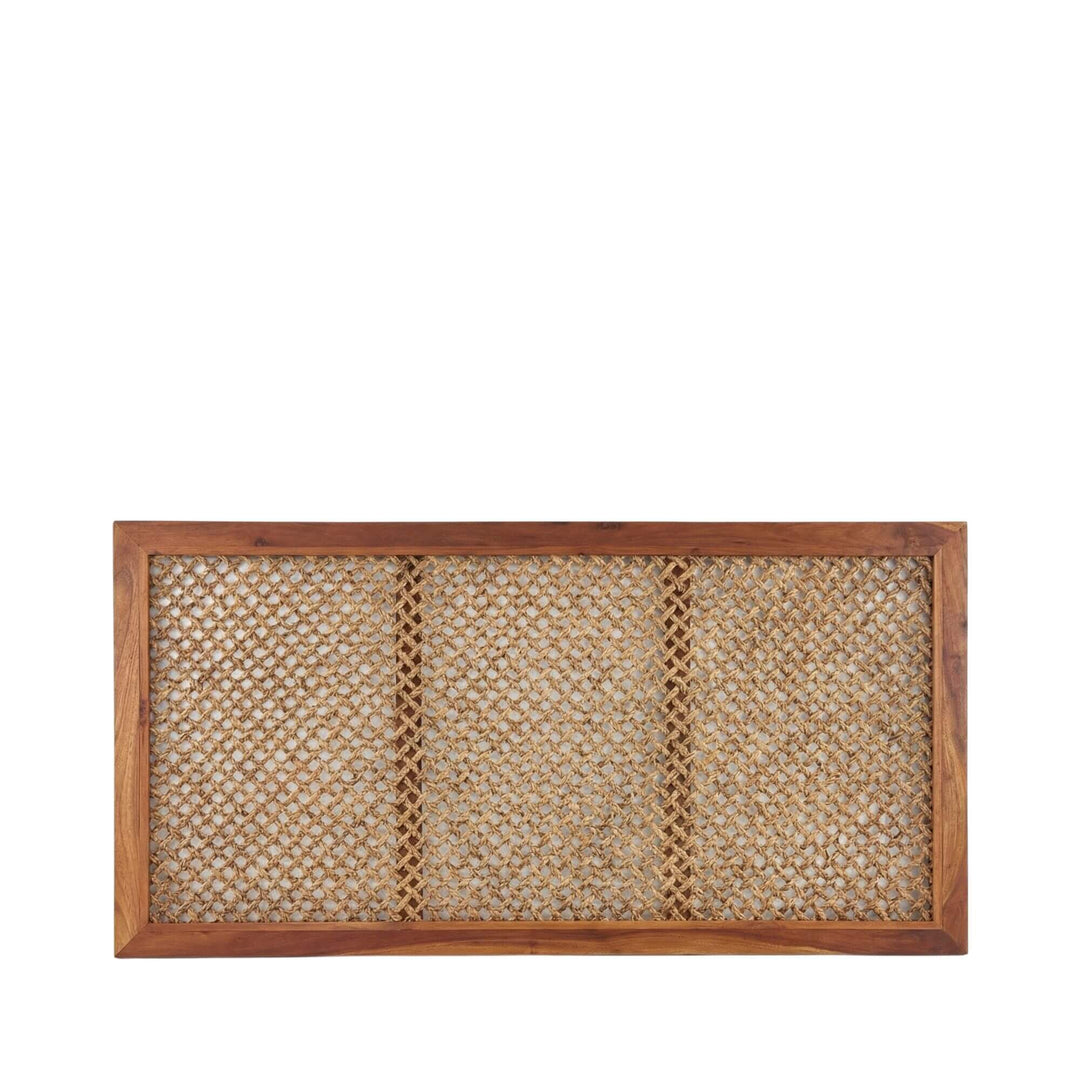 Front view of the Agra teak and sisal wall decor showing its rectangular frame and woven natural fiber panels.