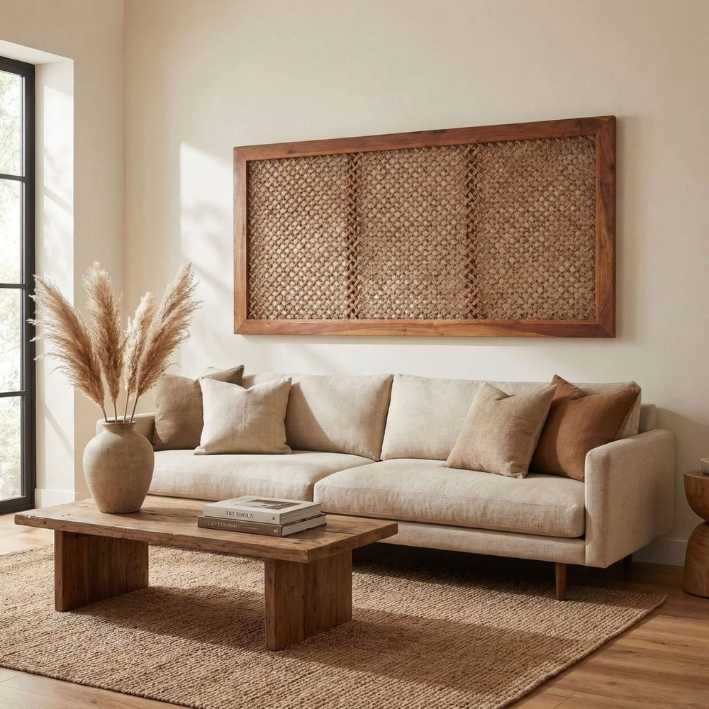 Styled living room featuring the Agra wall decor mounted above a sofa with natural textures.
