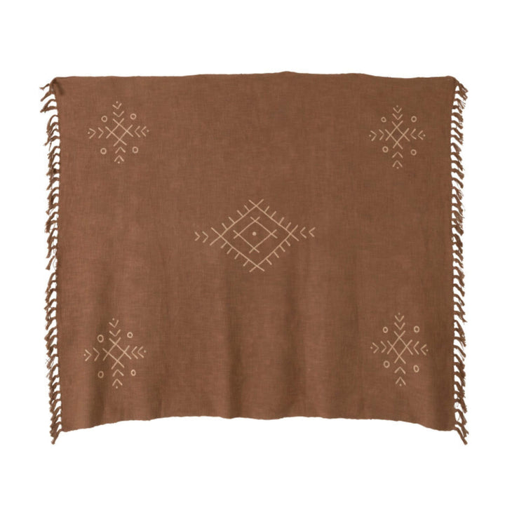 Full view of Ahtohallan plaid showing geometric motifs and fringes on both sides.