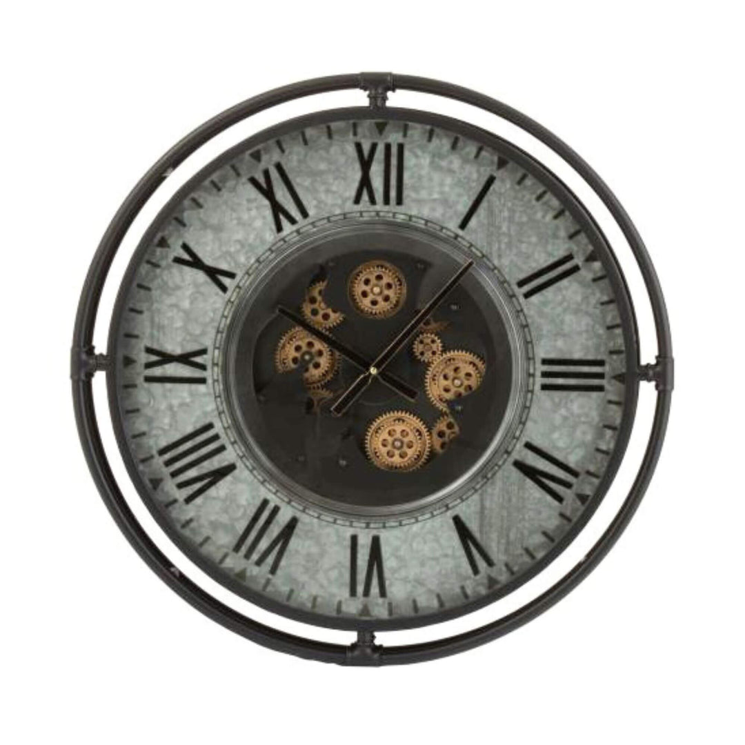 Full view of Aion Roman Clock with double metal ring frame and industrial Roman numeral design.