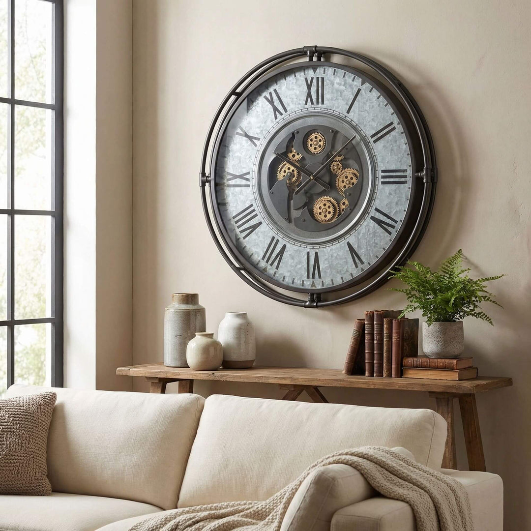 Styled living room interior featuring the Aion Roman clock mounted above a console table.