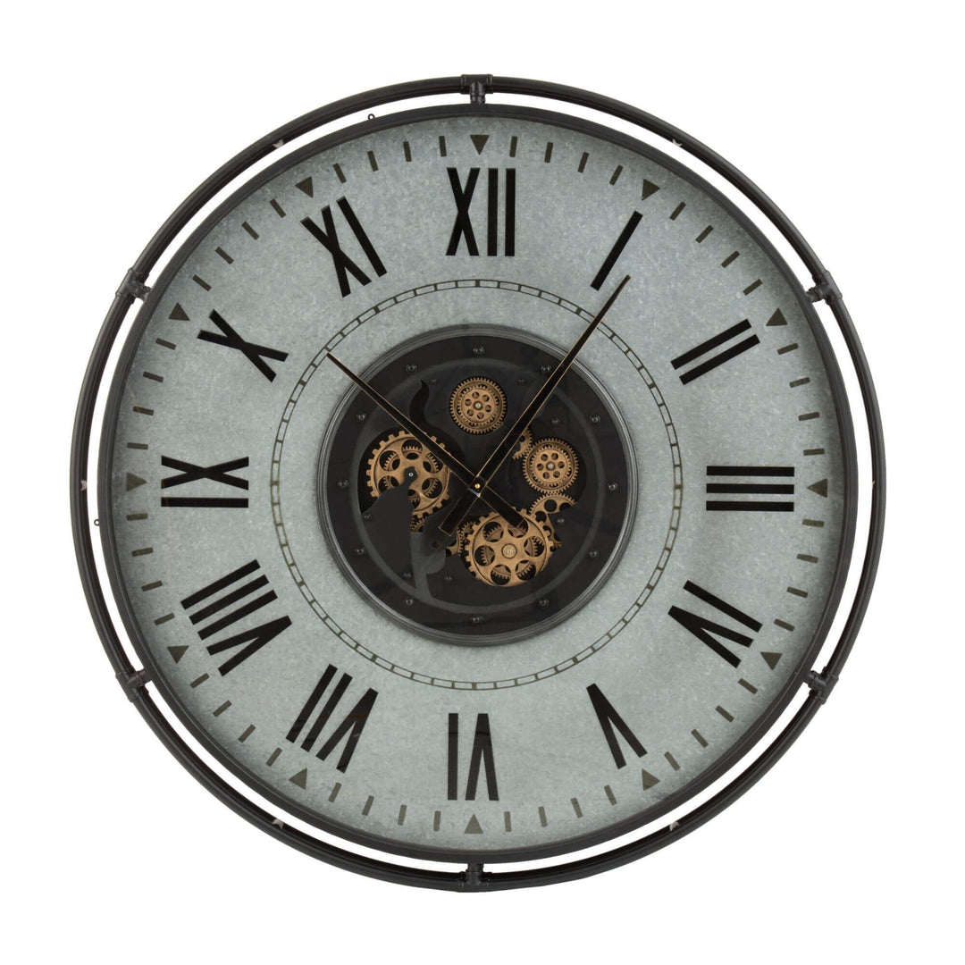 Front view of the oversized Aion Roman Clock with decorative gears and black Roman numerals.