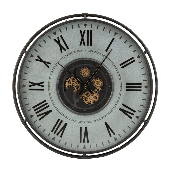 Front view of the oversized Aion Roman Clock with decorative gears and black Roman numerals.