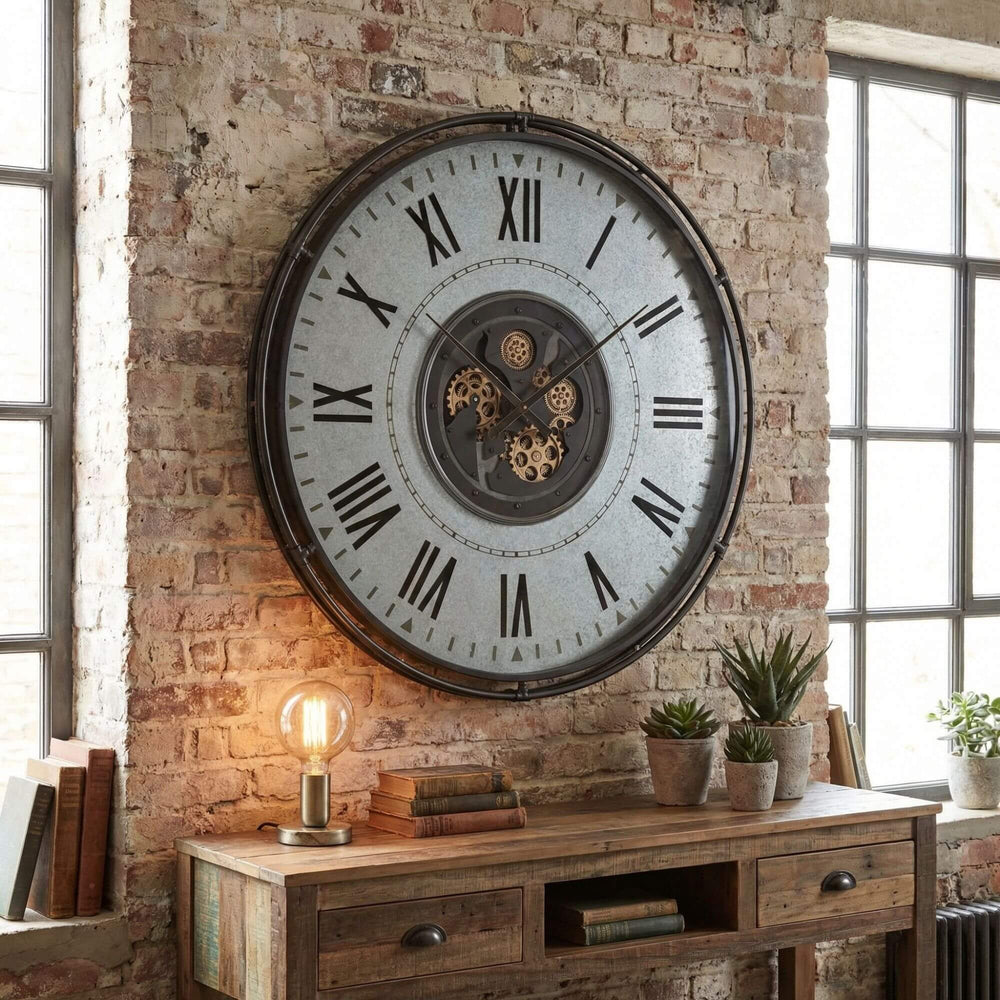 Styled industrial interior featuring the oversized Aion Roman wall clock mounted above a wooden console.