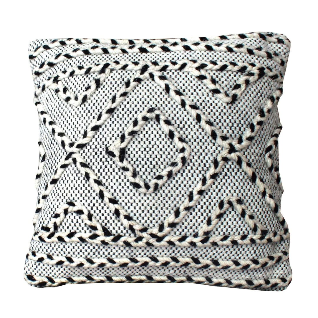 Front view of the Ajanta Cushion showing its textured geometric wool pattern.