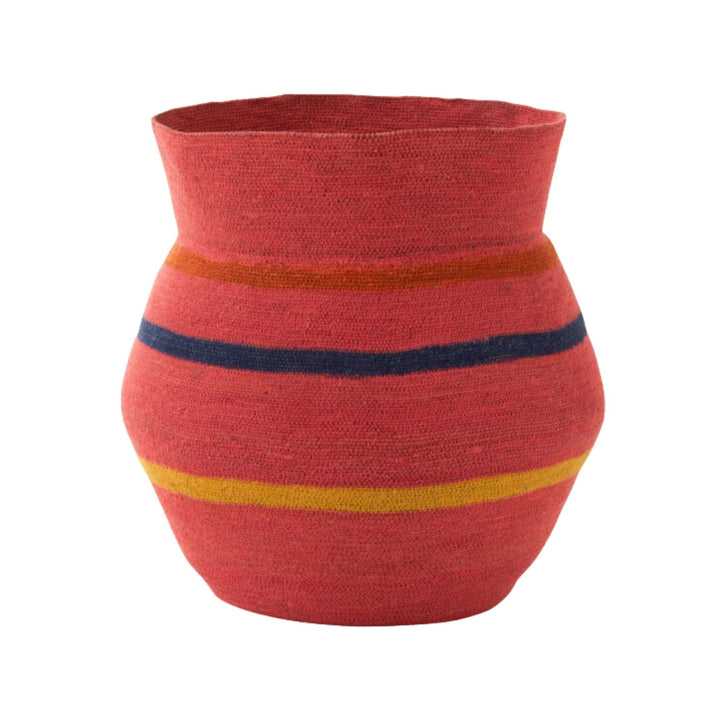 Akan Basket handcrafted from natural fibers in red with blue and yellow stripes.