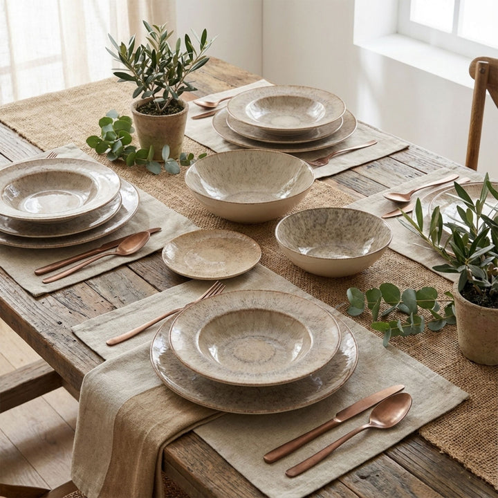 Styled dining table featuring the Akaris ceramic tableware collection.