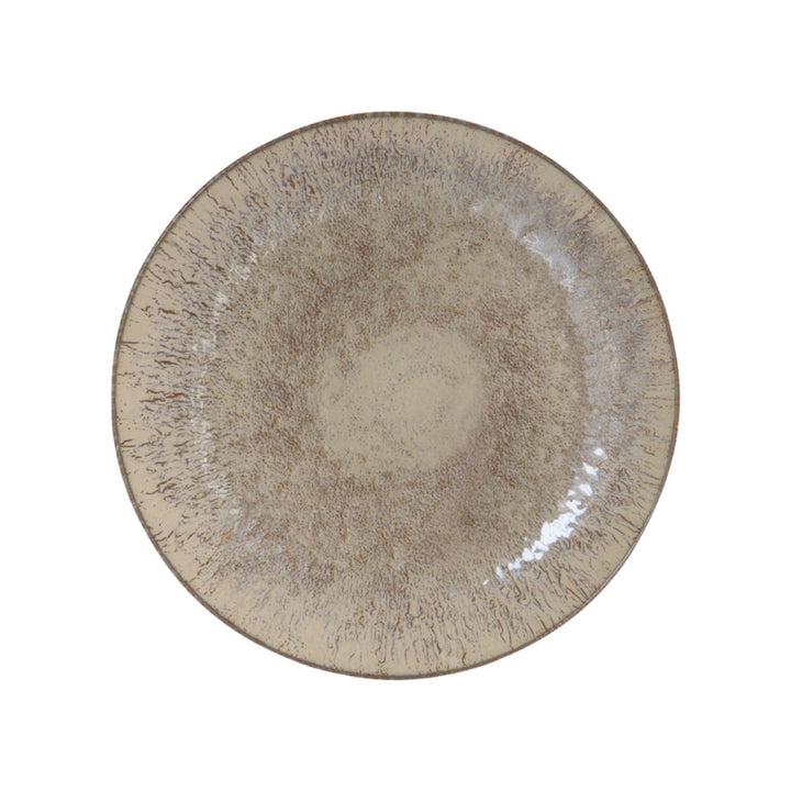 Top view of Akaris ceramic plate with speckled handcrafted glaze.