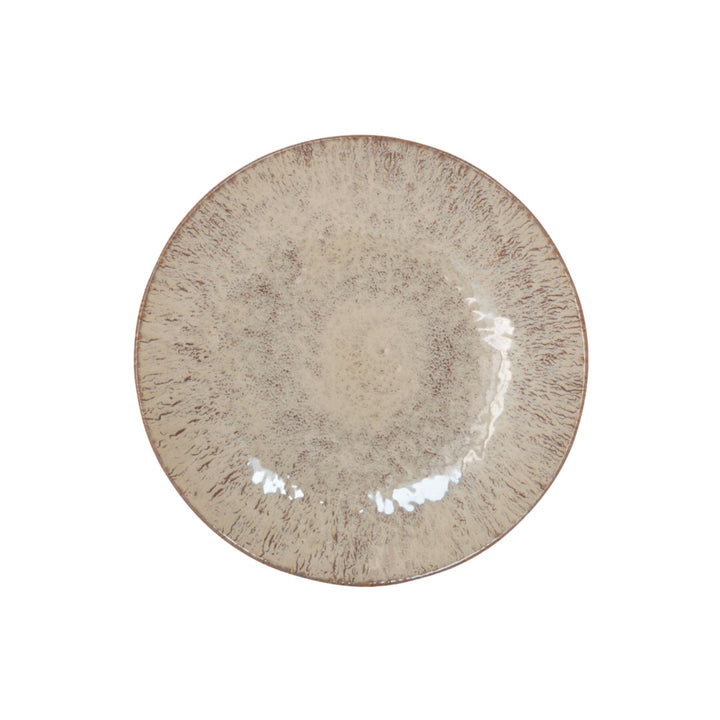 Top view of Akaris ceramic dessert plate with speckled handcrafted glaze.