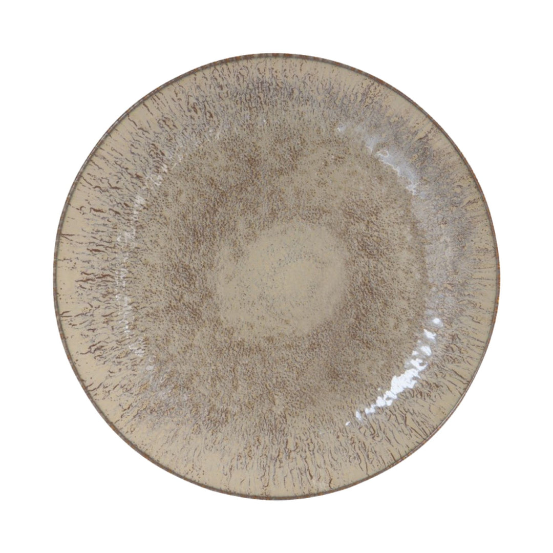 Top view of Akaris ceramic serving plate with speckled handcrafted glaze.