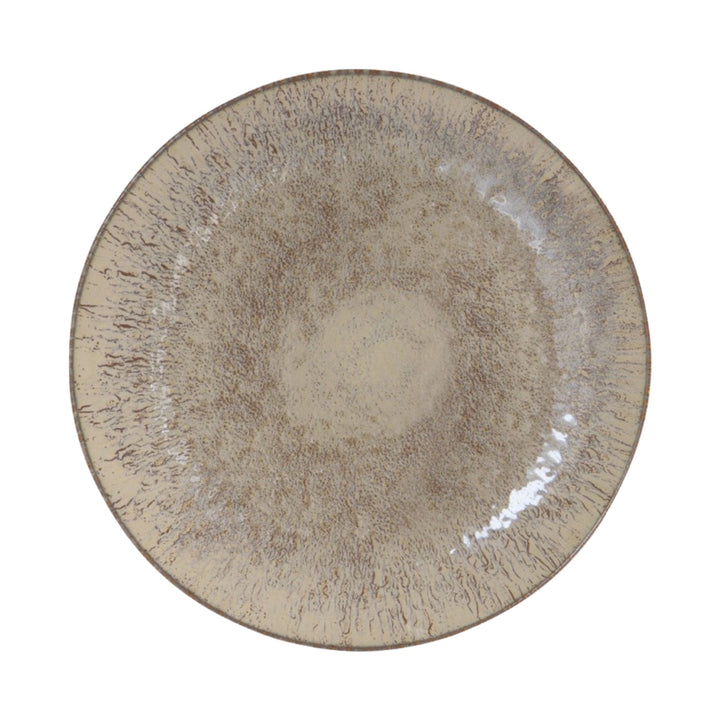 Top view of Akaris ceramic serving plate with speckled handcrafted glaze.