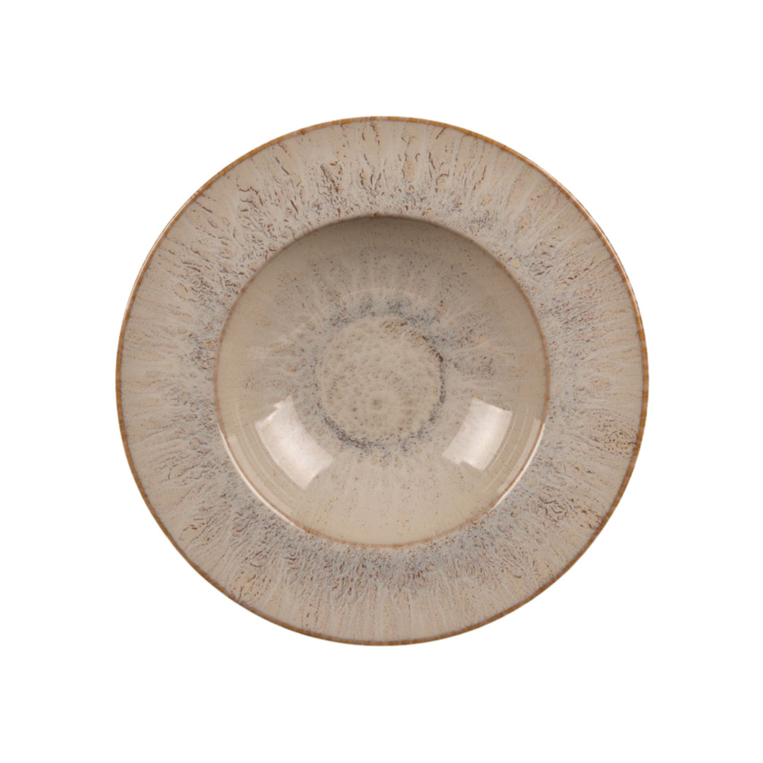 Top view of Akaris ceramic pasta plate with speckled handcrafted glaze.